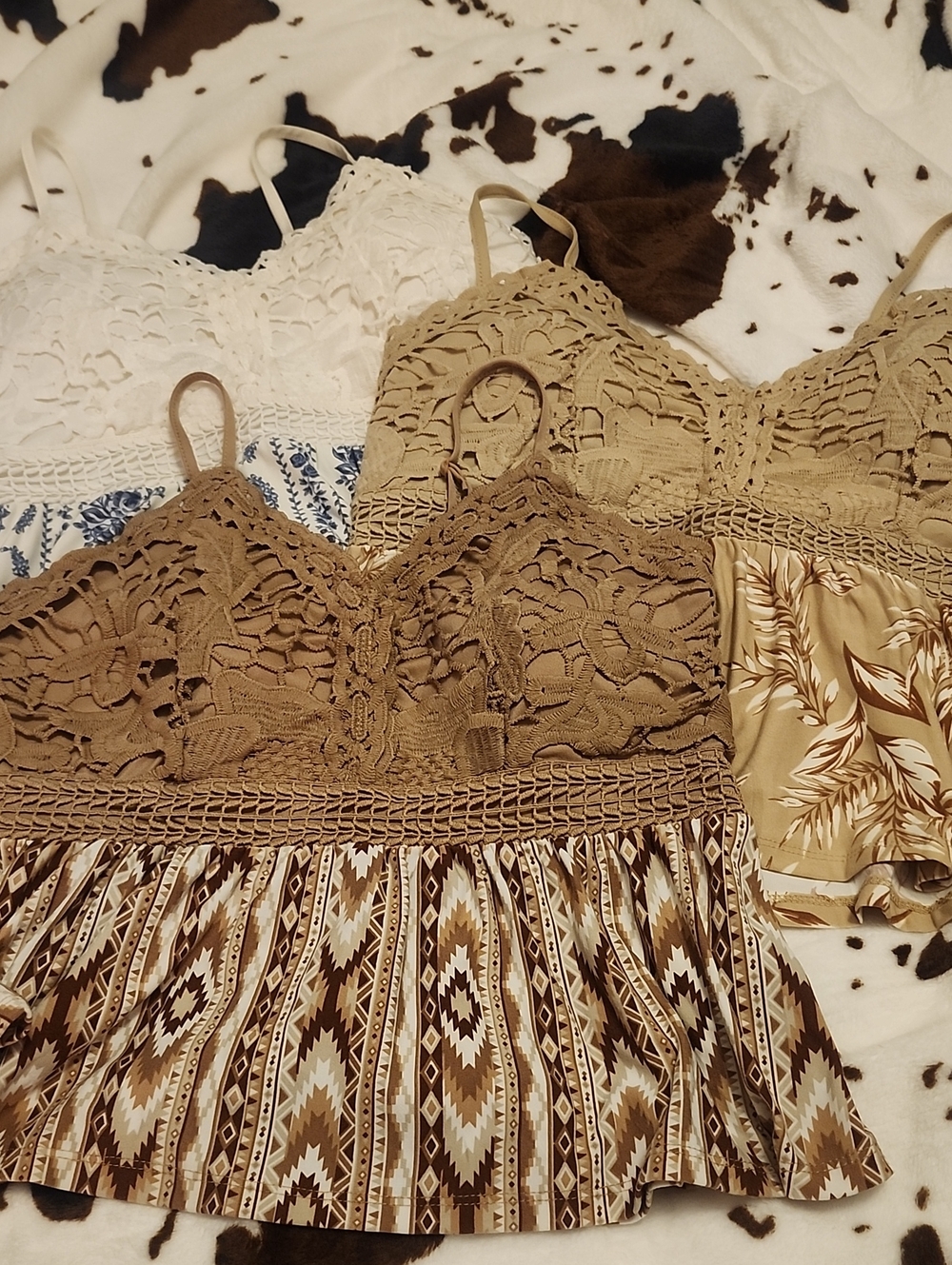 X 3 Crochet Trim Floral & Aztec Print Bralette Tops - Neutral Mix
